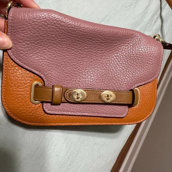 RARE Coach Colorblock Pebble Leather Shoulder Bag – Pink/Tan with Chain Strap - Picture 3 of 9